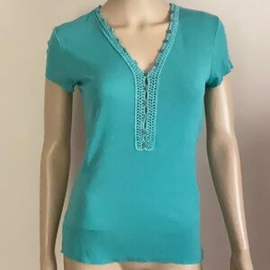 Vintage Moda International VS Fine Ribbed Knit Henley Tee Aqua